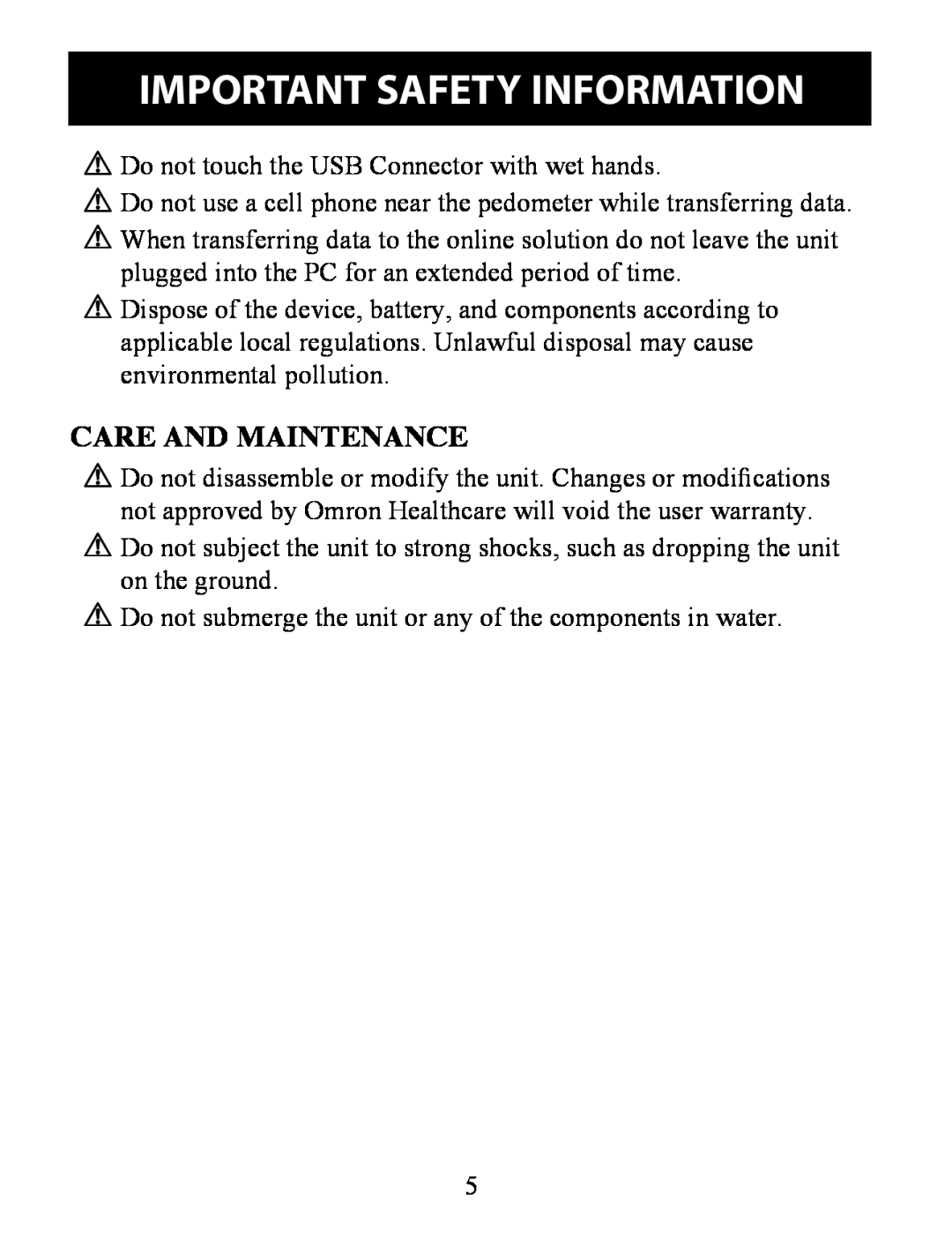 Omron HJ-324U instruction manual Care And Maintenance, Important Safety Information 