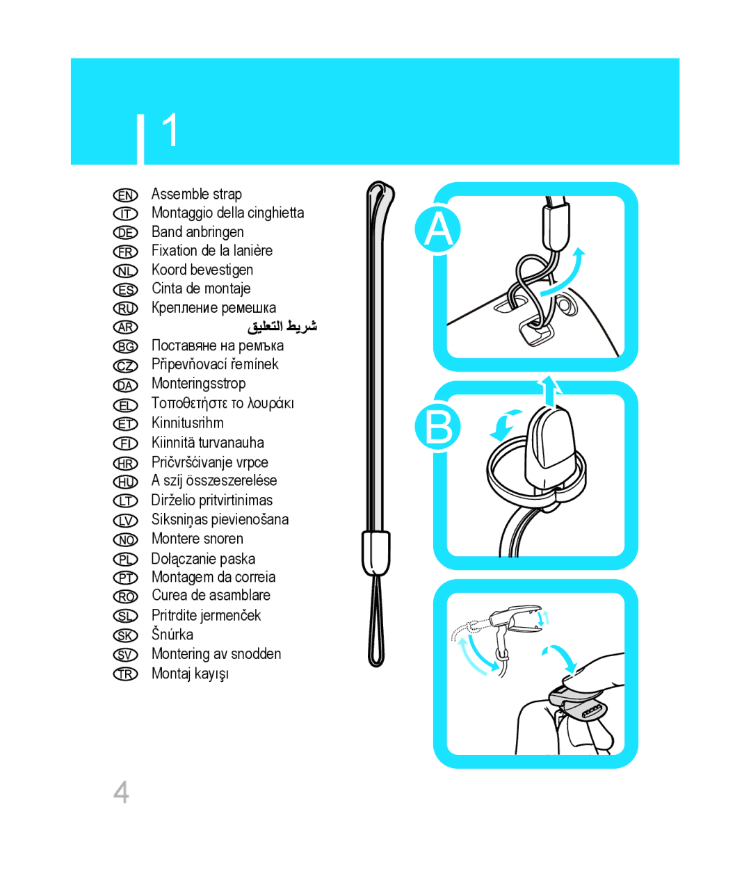 Omron hja-306 instruction manual Montering av snodden 0RQWDMND\ÕúÕ, RáąFDQLHSDVND Montagem da correia Curea de asamblare 