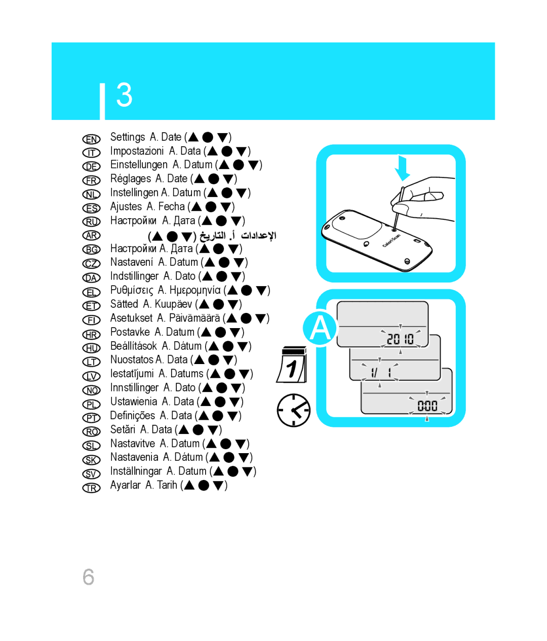 Omron hja-306 instruction manual Indstillinger A. Dato, Asetukset A. Päivämäärä Postavke A. Datum, Nuostatos A. Data 