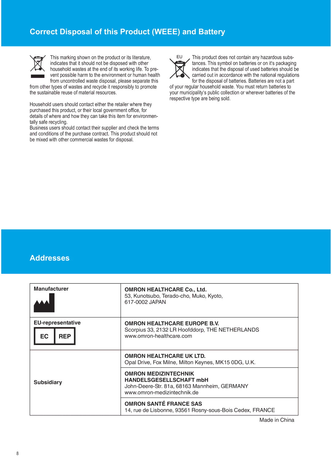 Omron HN286 instruction manual Correct Disposal of this Product Weee and Battery 