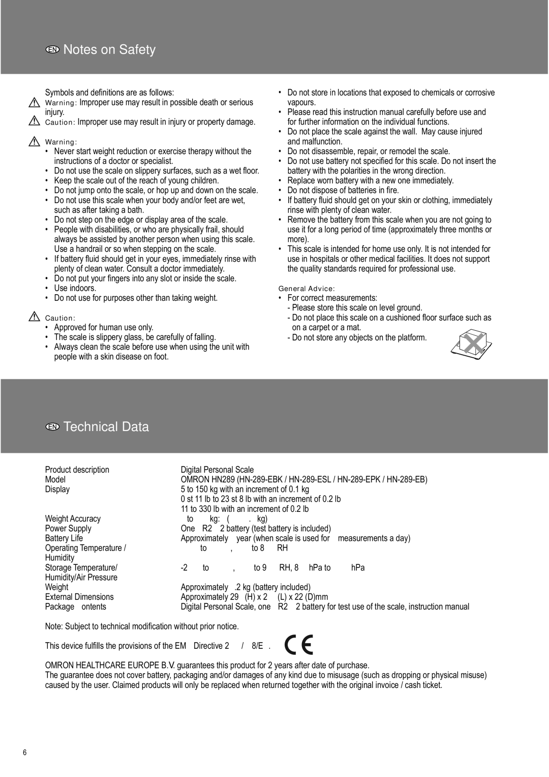 Omron HN289 instruction manual Technical Data, General Advice 