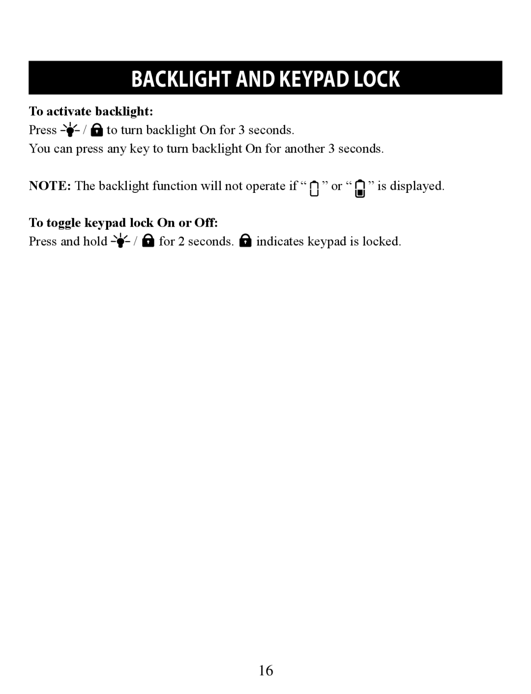 Omron HR-210 instruction manual Backlight and keypad lock, To activate backlight, To toggle keypad lock On or Off 