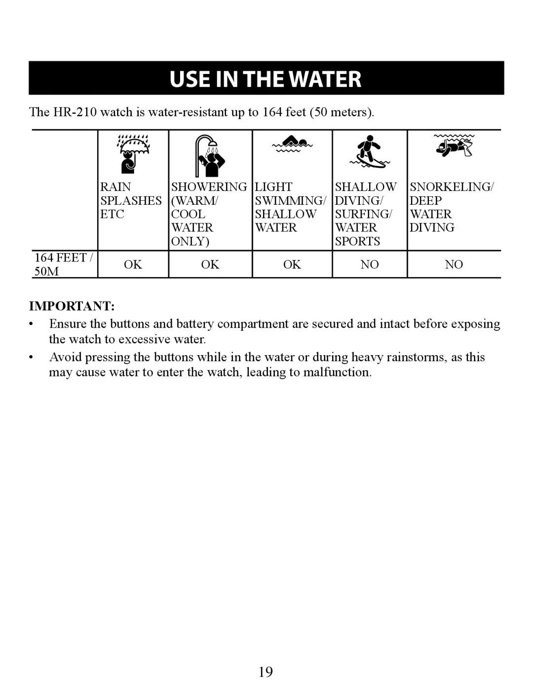 Omron instruction manual USE in the Water, HR-210 watch is water-resistant up to 164 feet 50 meters 