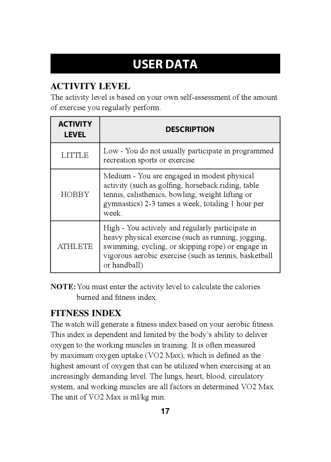 Omron HR-310 instruction manual Activity Level, Fitness Index, Activity Description 