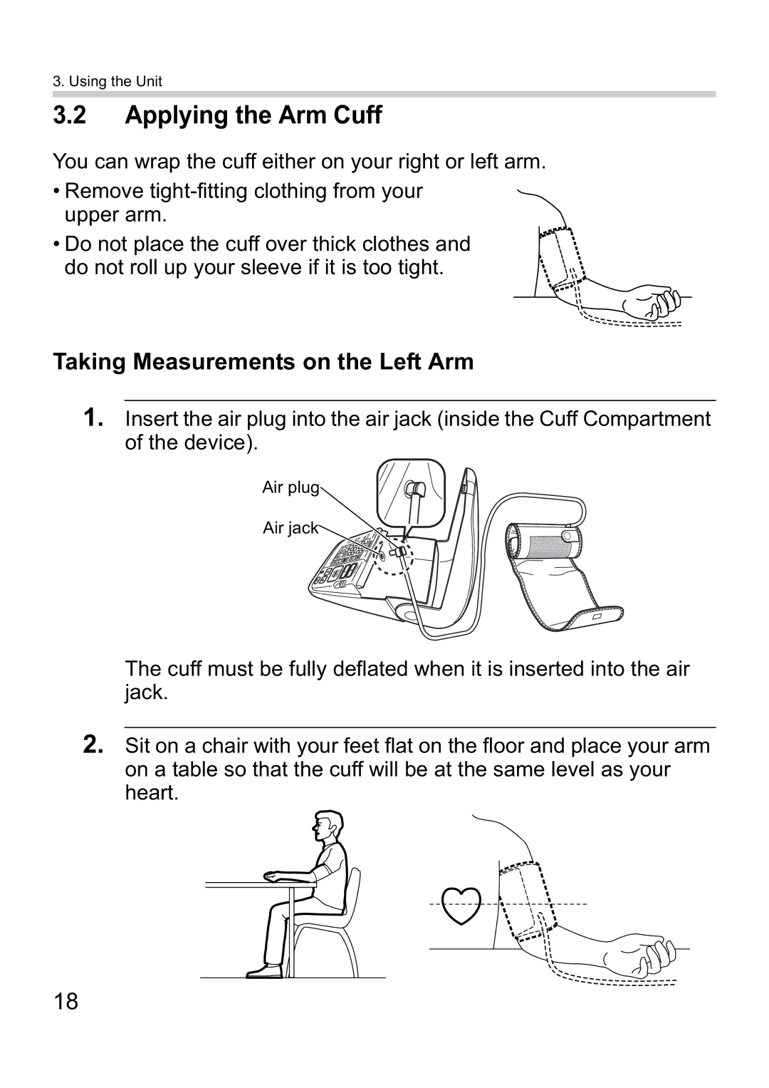 Omron i-C10 instruction manual Applying the Arm Cuff, Taking Measurements on the Left Arm 