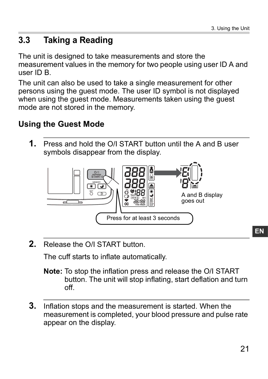 Omron i-C10 instruction manual Taking a Reading, Using the Guest Mode 