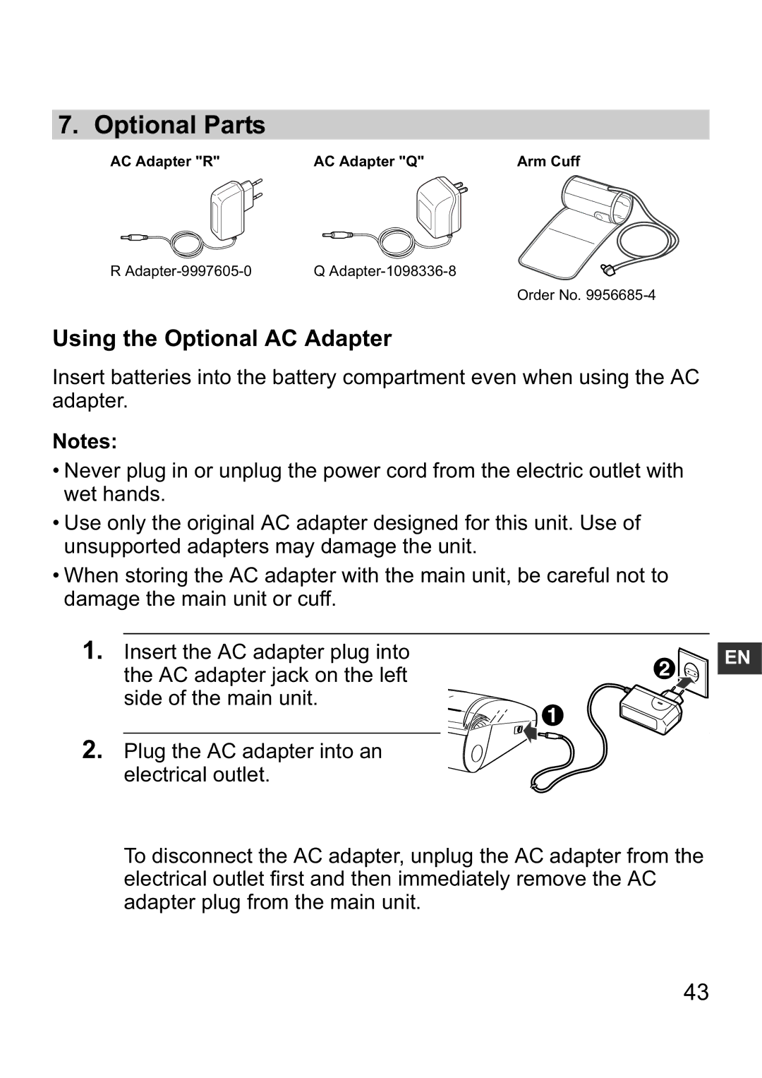 Omron i-C10 instruction manual Optional Parts, Using the Optional AC Adapter 