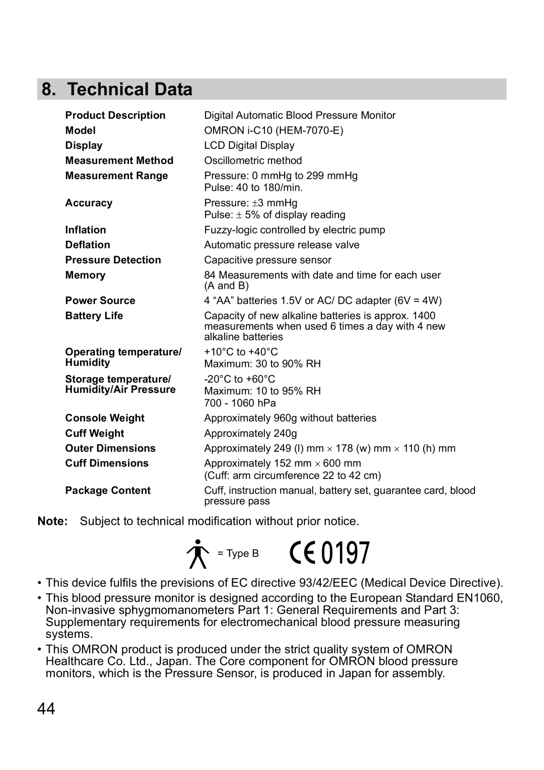 Omron i-C10 instruction manual Technical Data, Battery Life 