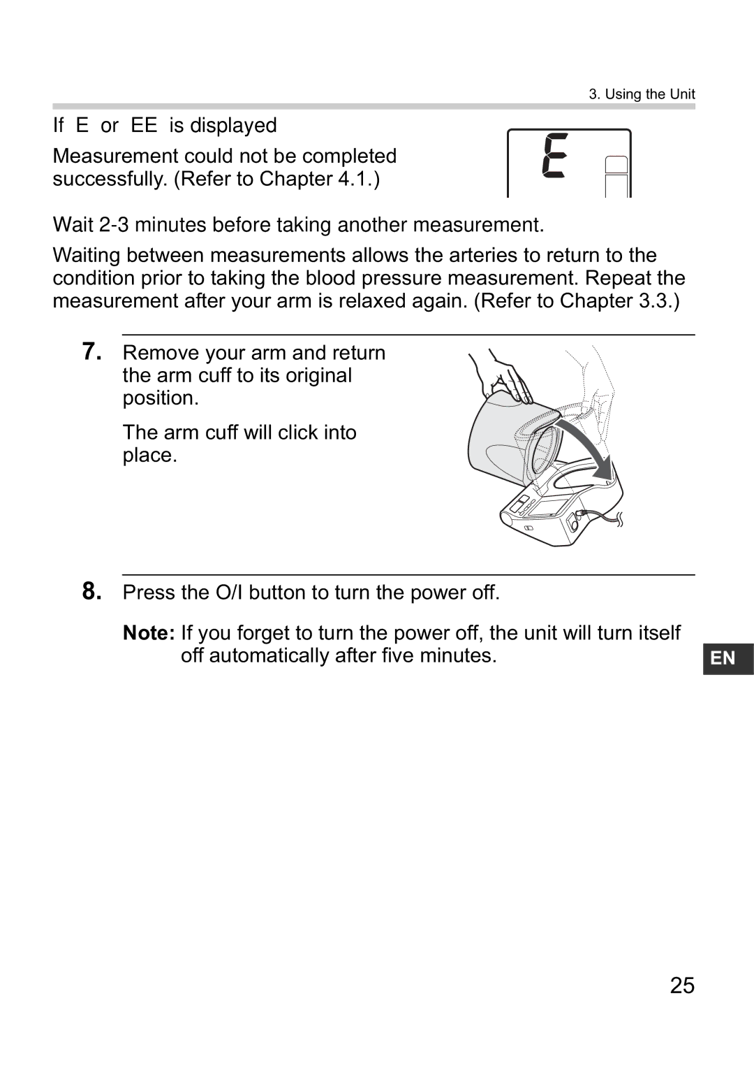 Omron i-Q142 instruction manual If E or EE is displayed, Wait 2-3 minutes before taking another measurement 