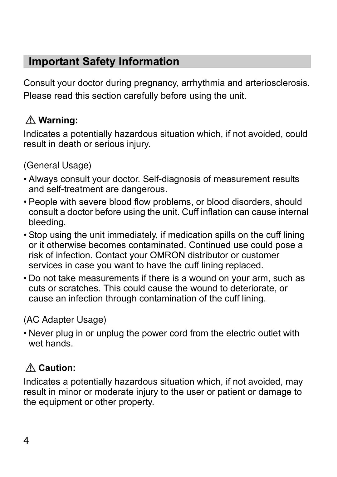 Omron i-Q142 instruction manual Important Safety Information, General Usage, AC Adapter Usage 