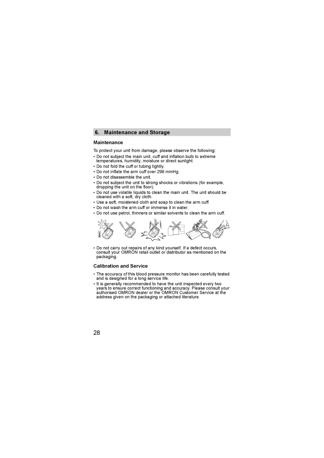 Omron M1 Compact instruction manual Maintenance and Storage, Calibration and Service 