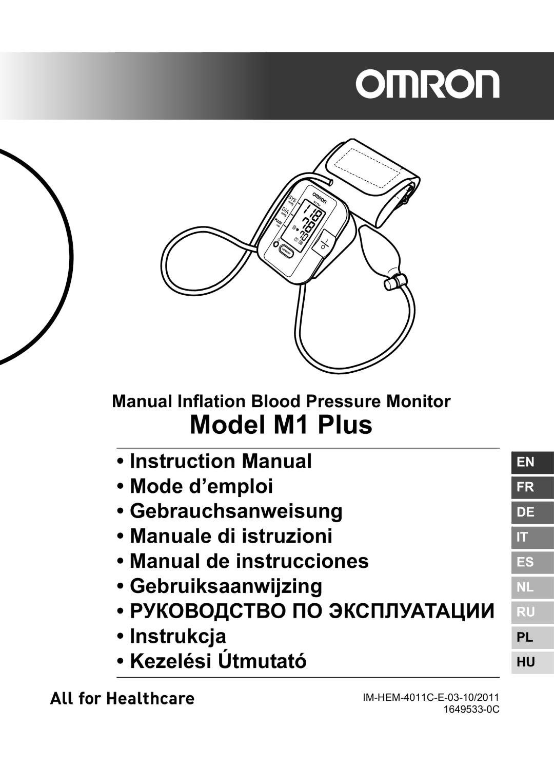 Omron instruction manual Model M1 Plus, Manual Inflation Blood Pressure Monitor 