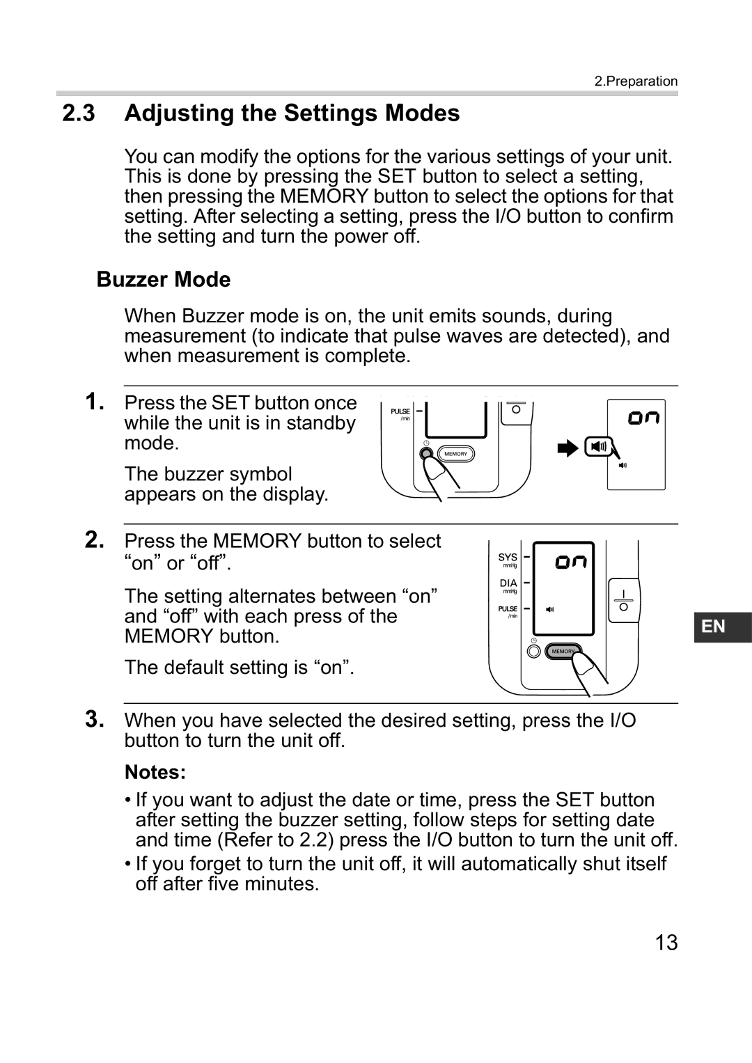 Omron M1 Plus instruction manual Adjusting the Settings Modes, Buzzer Mode 