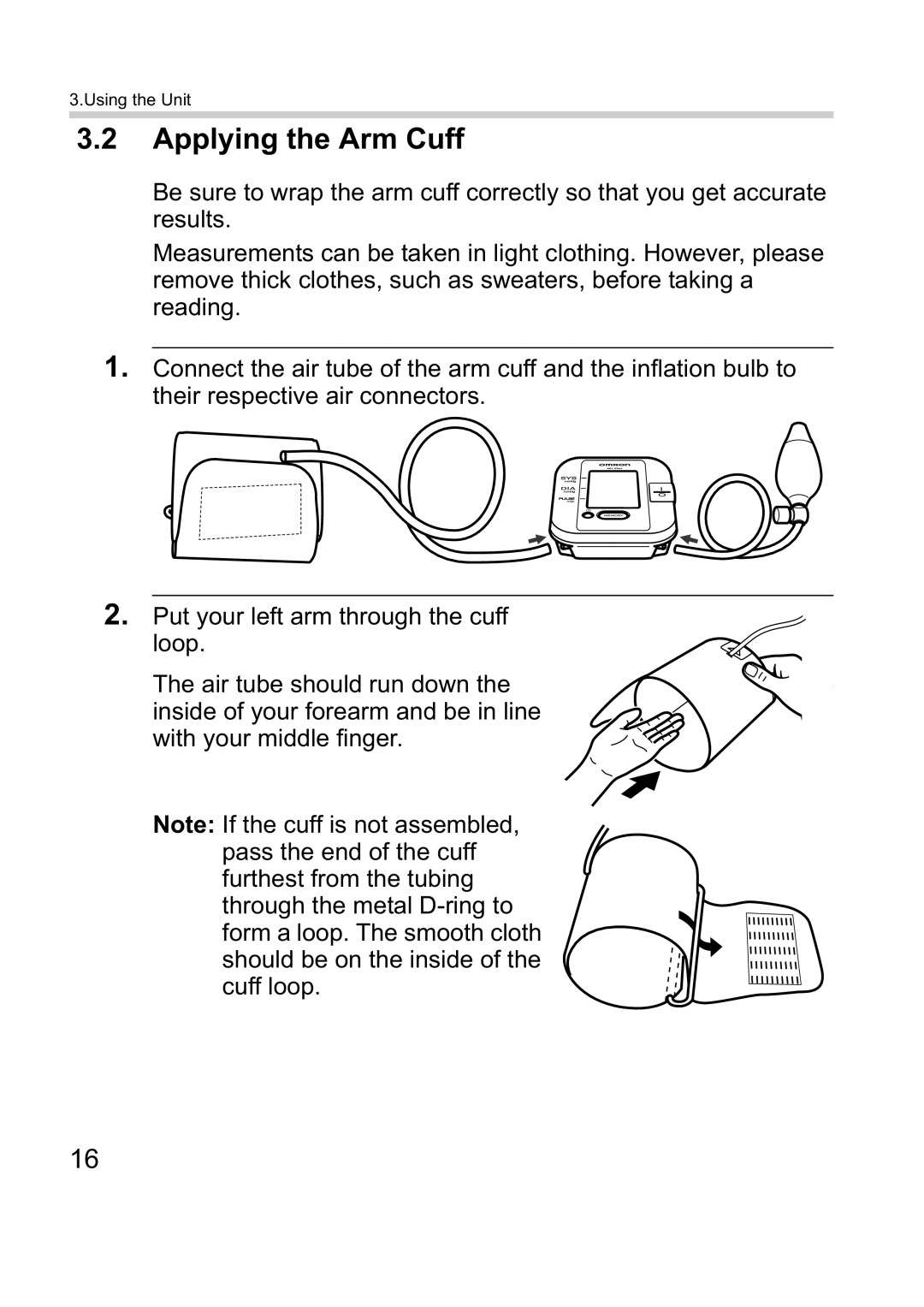 Omron M1 Plus instruction manual Applying the Arm Cuff 