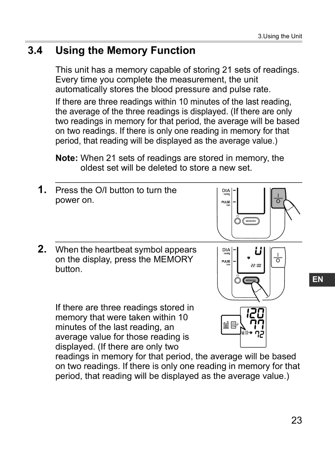 Omron M1 Plus instruction manual Using the Memory Function 