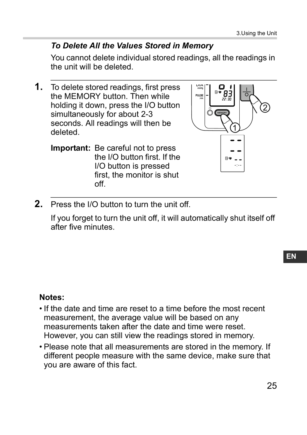 Omron M1 Plus instruction manual To Delete All the Values Stored in Memory 