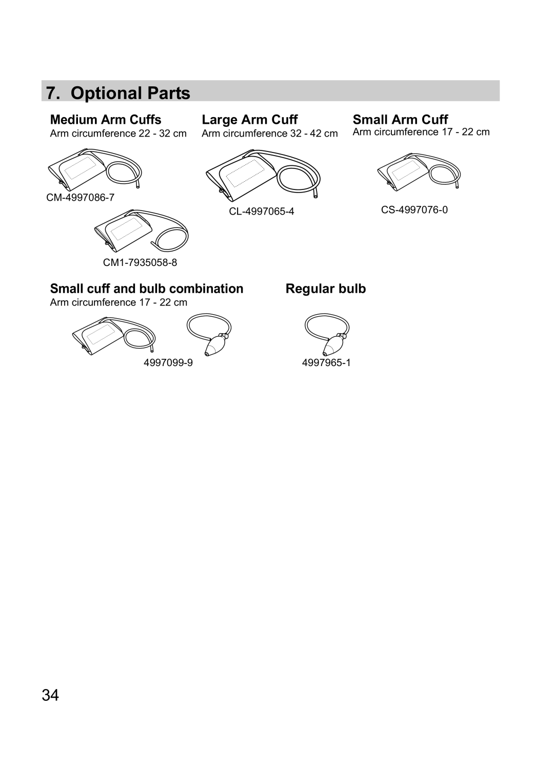 Omron M1 Plus instruction manual Optional Parts, Medium Arm Cuffs Large Arm Cuff Small Arm Cuff 