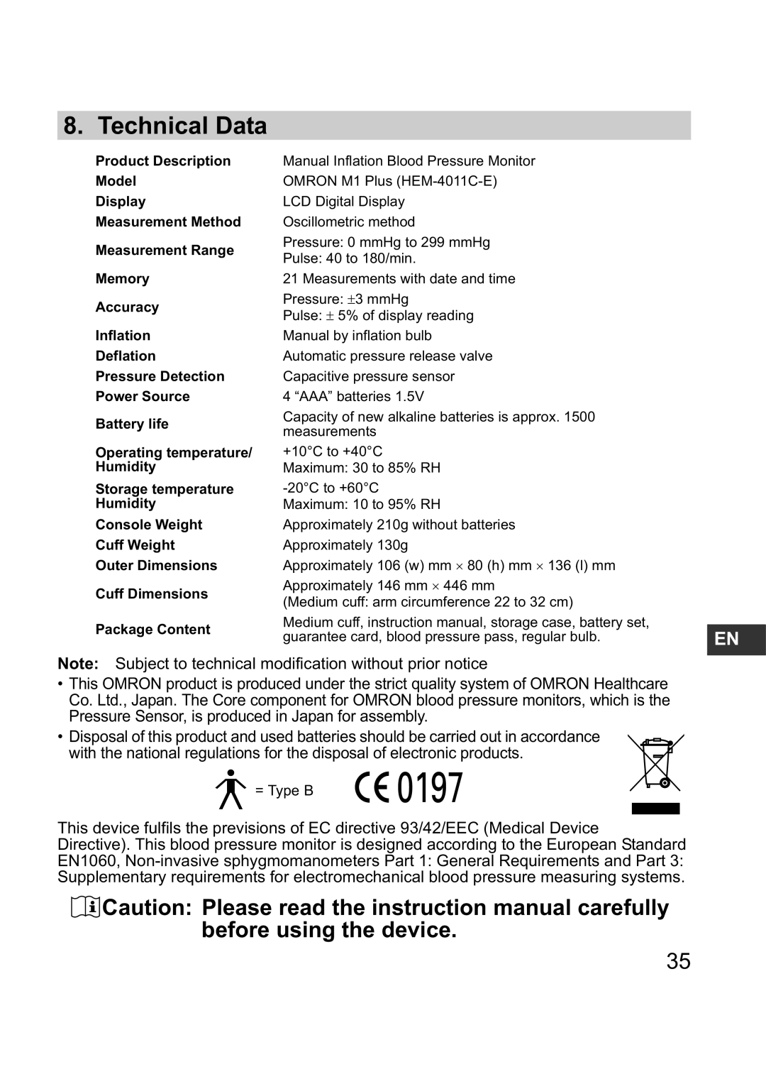 Omron M1 Plus instruction manual Technical Data 