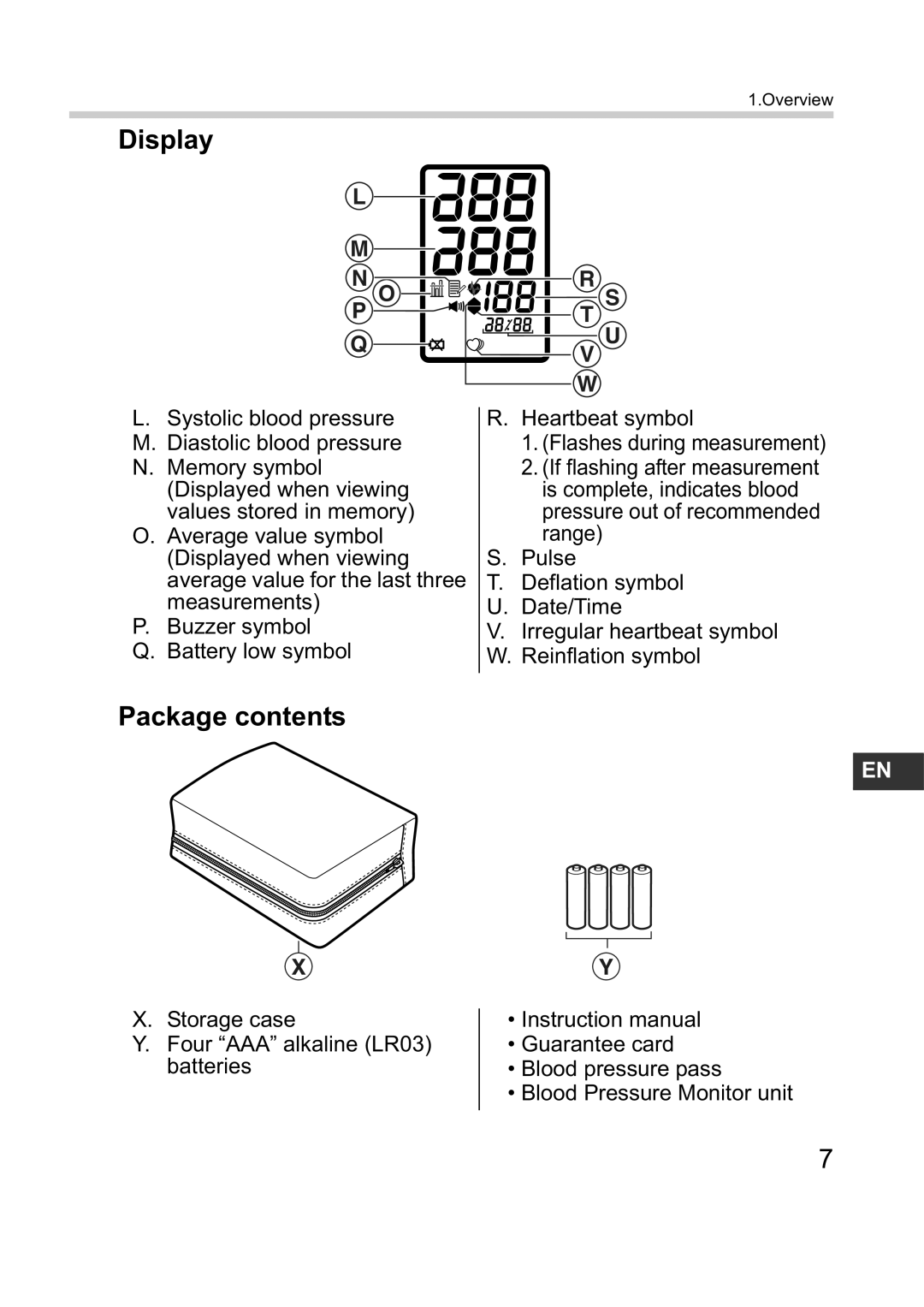 Omron M1 Plus instruction manual Display, Package contents 