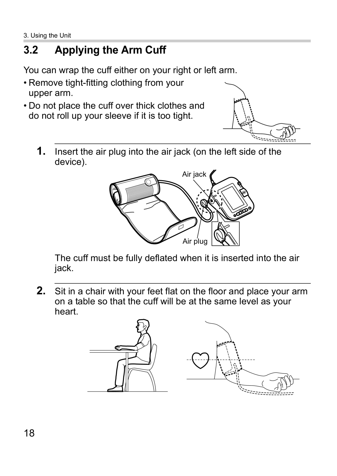 Omron M10-IT instruction manual Applying the Arm Cuff 