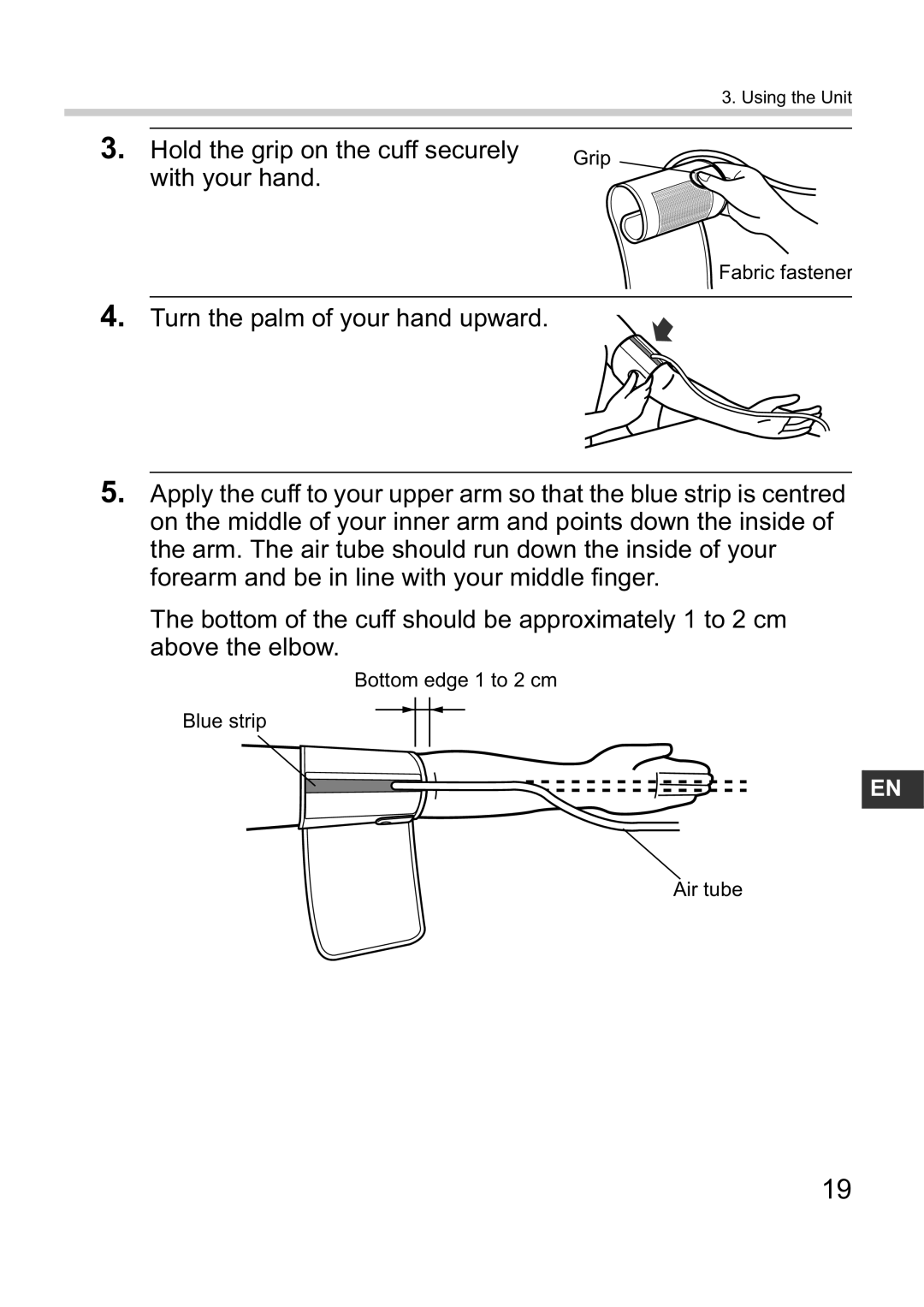 Omron M10-IT instruction manual Hold the grip on the cuff securely 