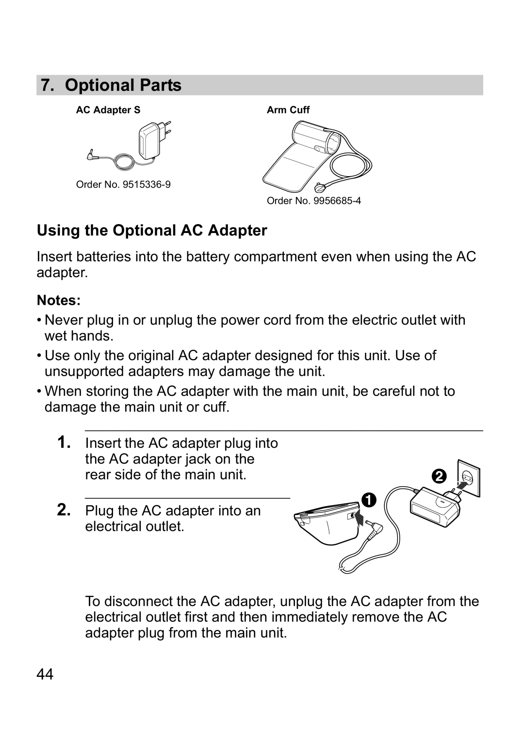 Omron M10-IT instruction manual Optional Parts, Using the Optional AC Adapter 