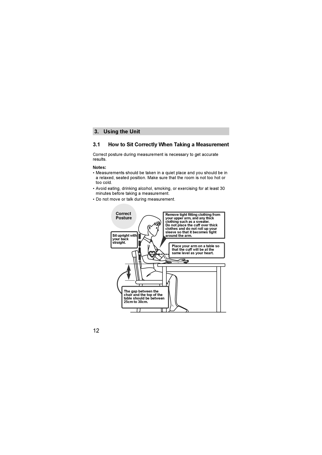 Omron M2 basic instruction manual Correct Posture, Sit upright with your back straight 