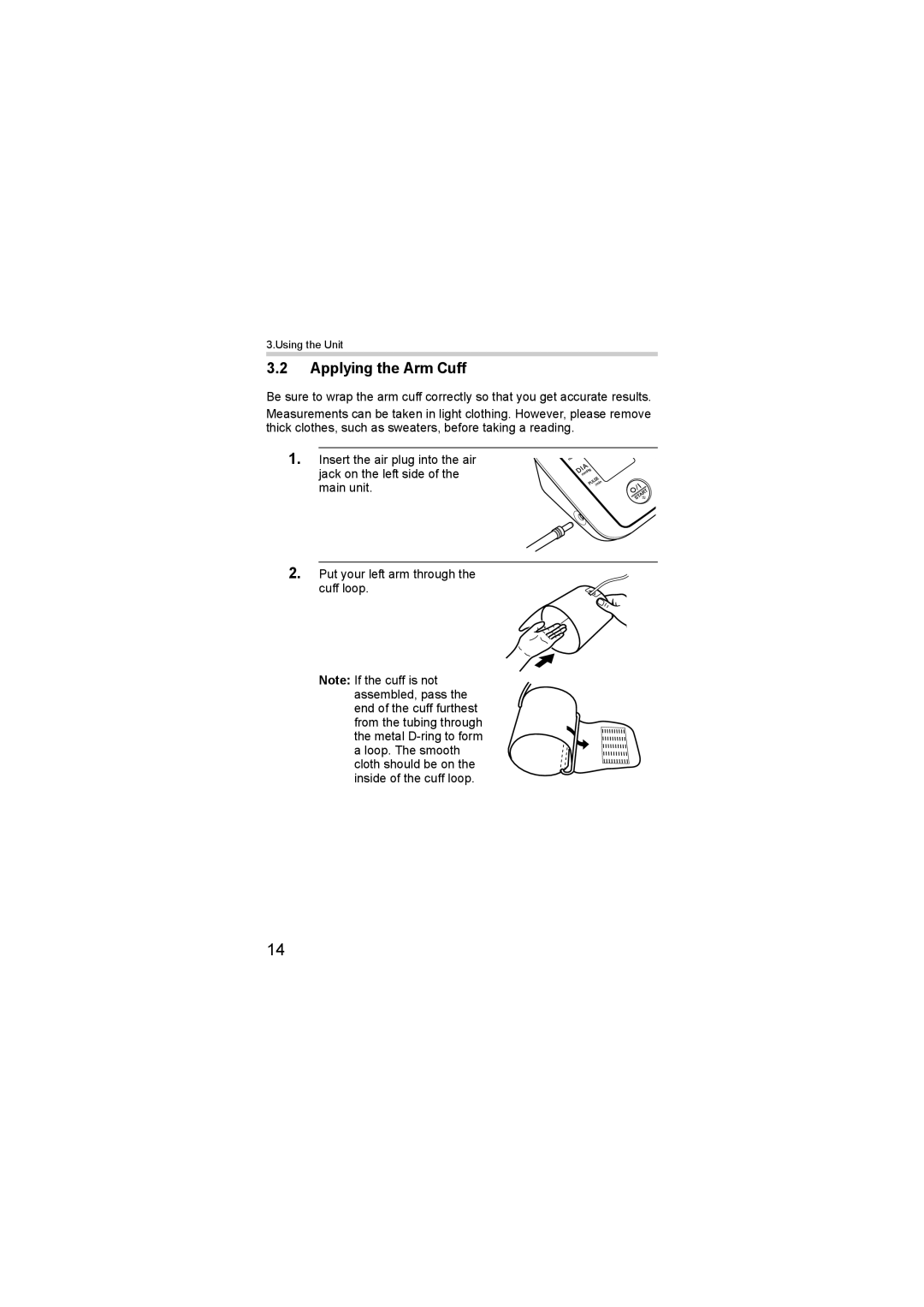 Omron M2 basic instruction manual Applying the Arm Cuff 