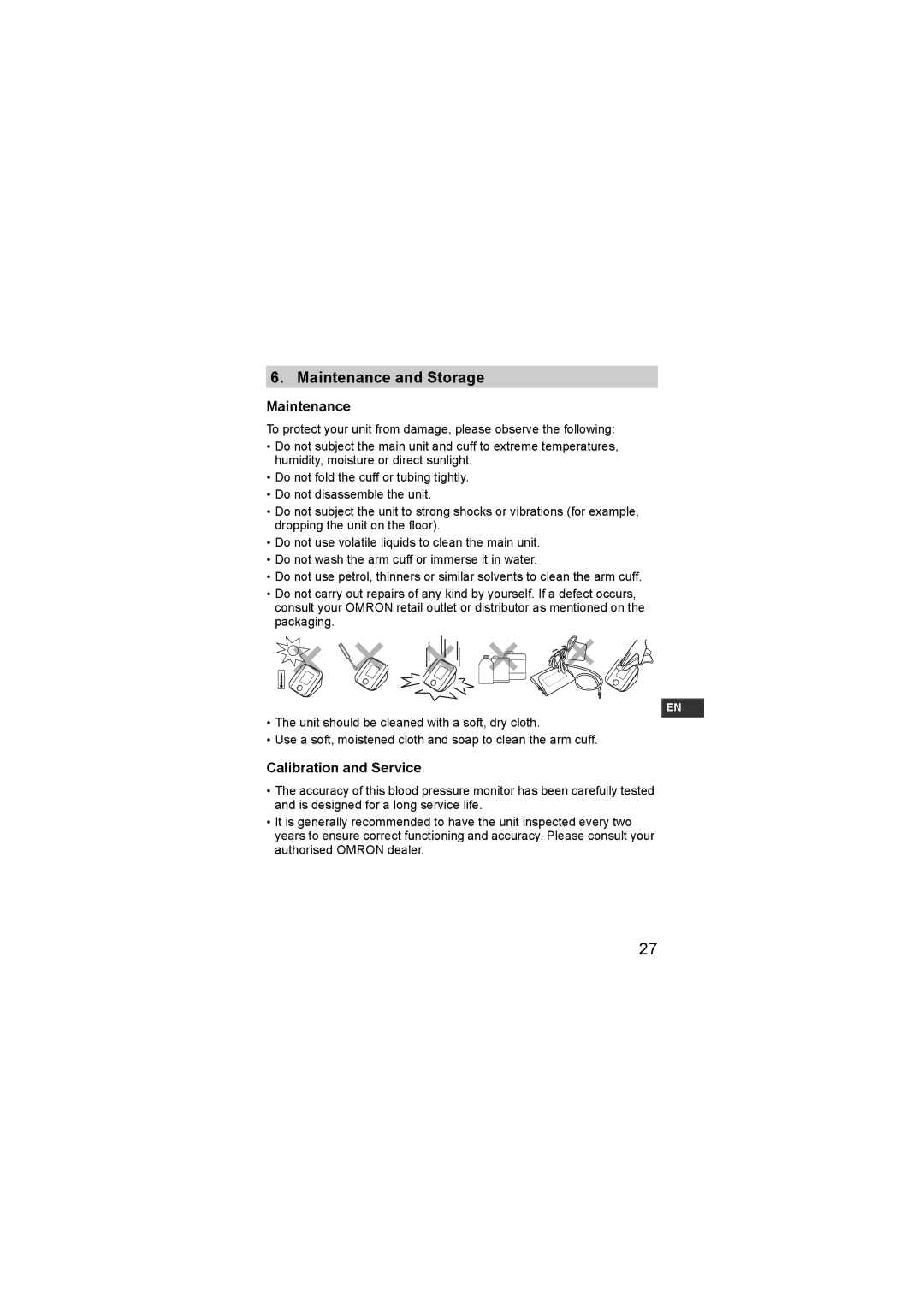 Omron M2 basic instruction manual Maintenance and Storage 