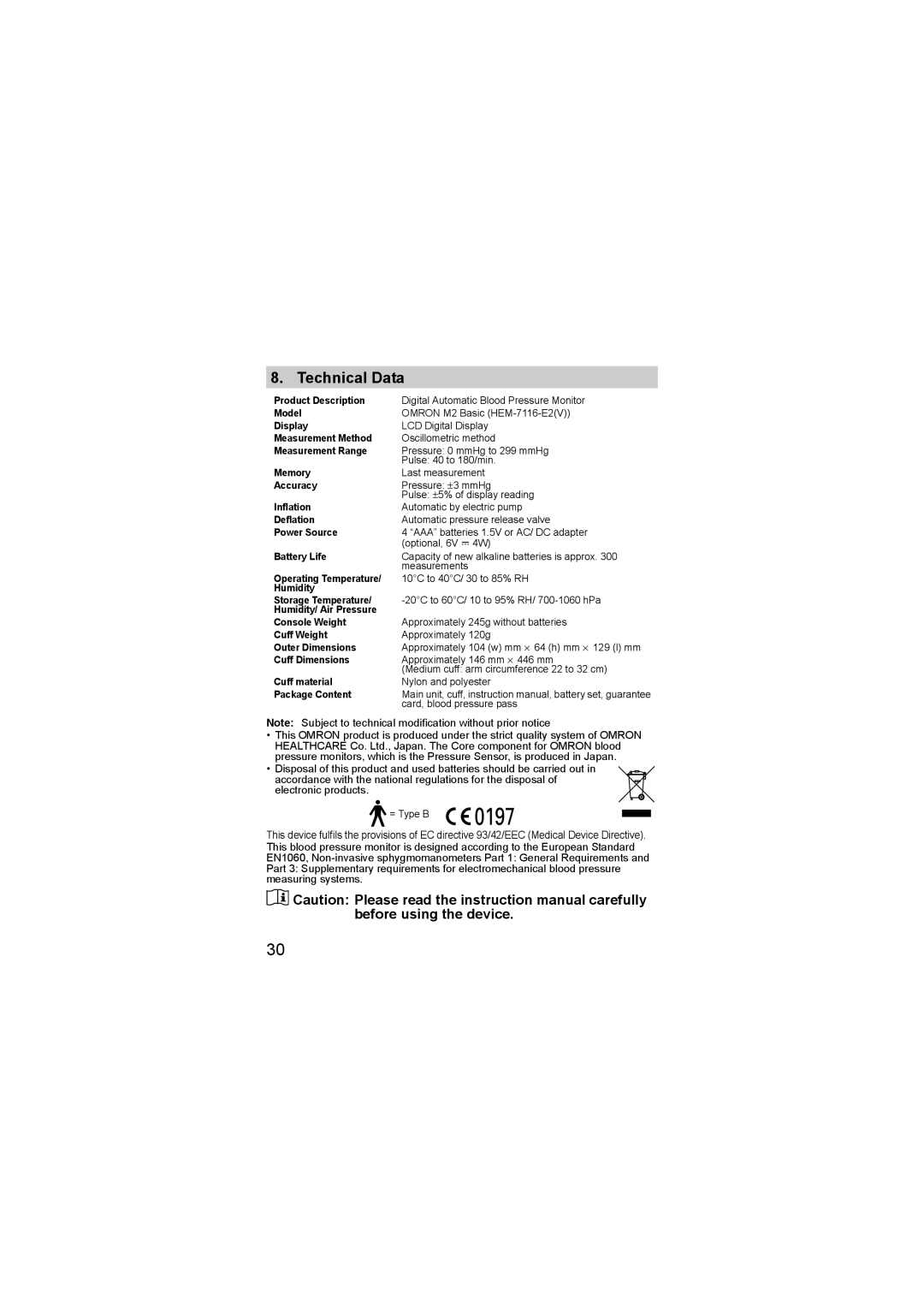 Omron M2 basic instruction manual Technical Data 