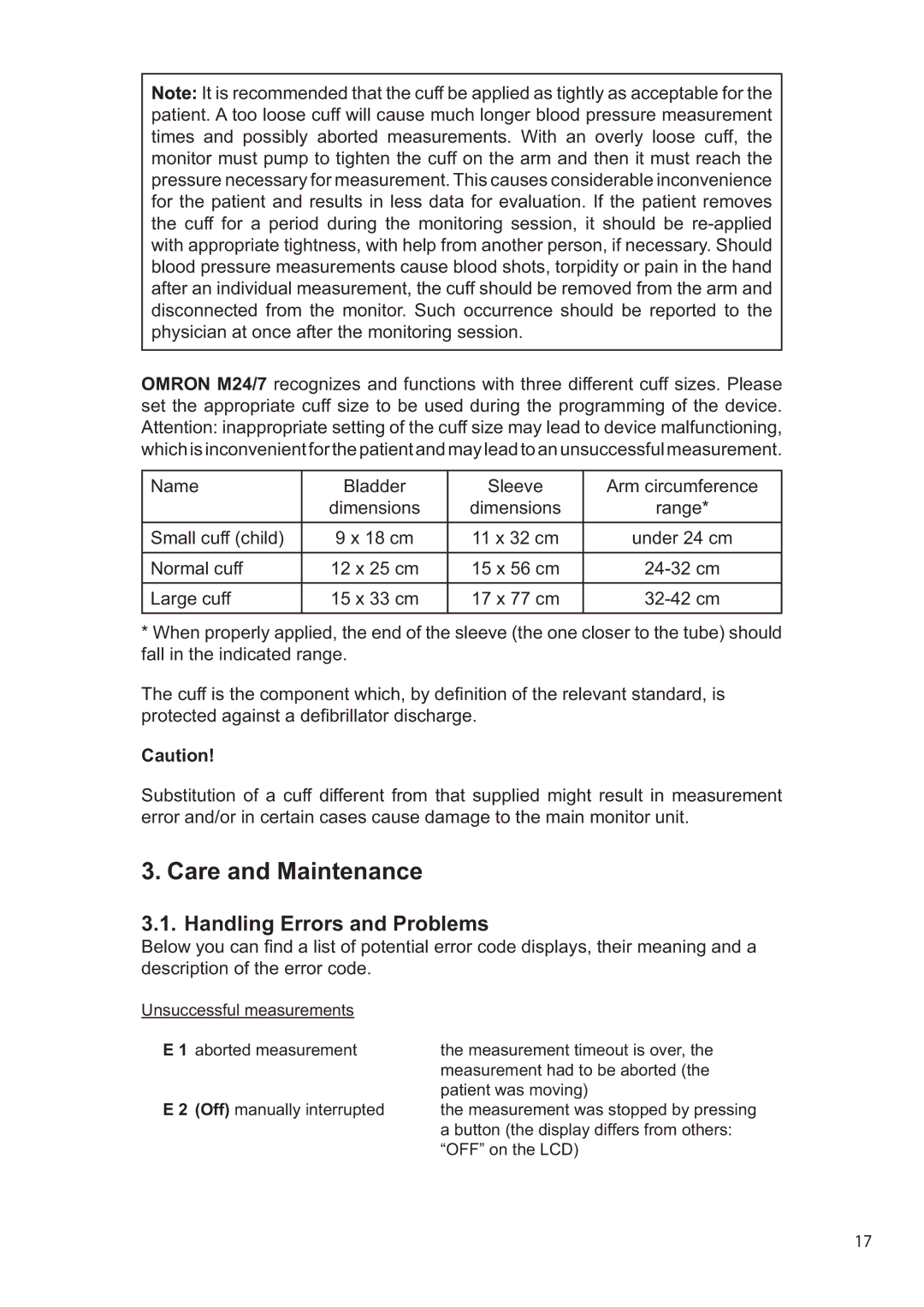 Omron M24/7 instruction manual Care and Maintenance, Handling Errors and Problems 