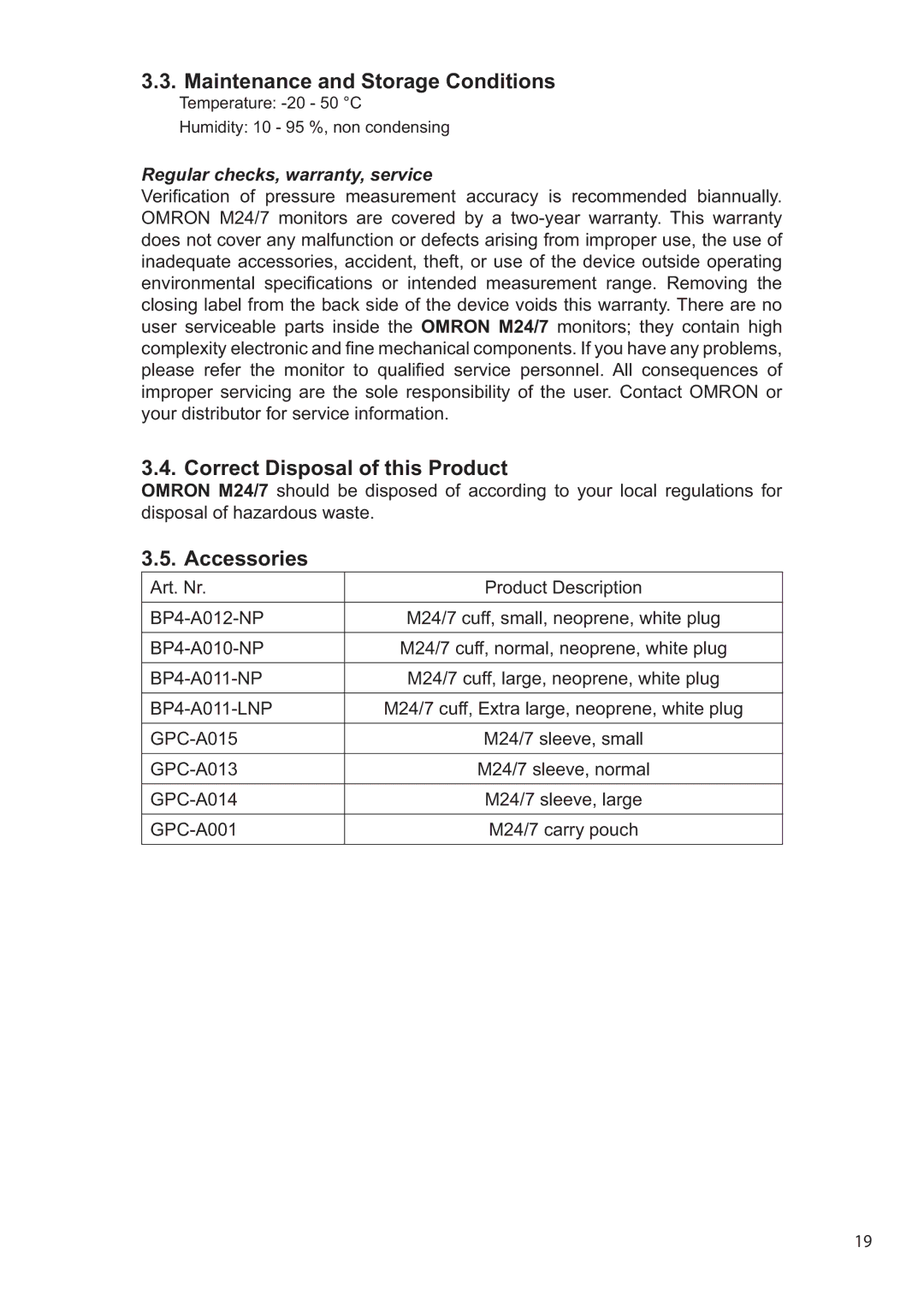 Omron M24/7 instruction manual Maintenance and Storage Conditions, Correct Disposal of this Product, Accessories 