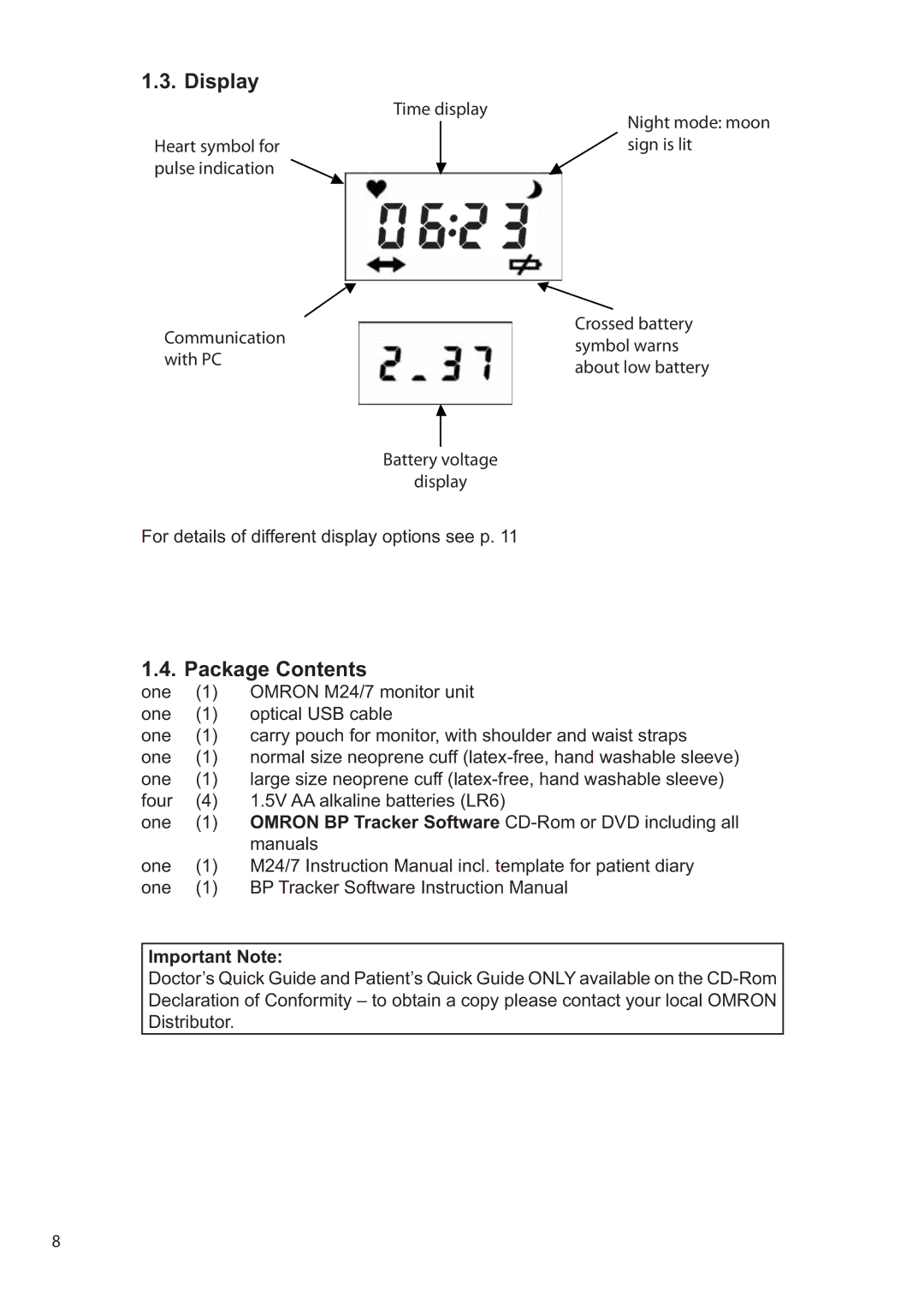 Omron M24/7 instruction manual Display, Package Contents 