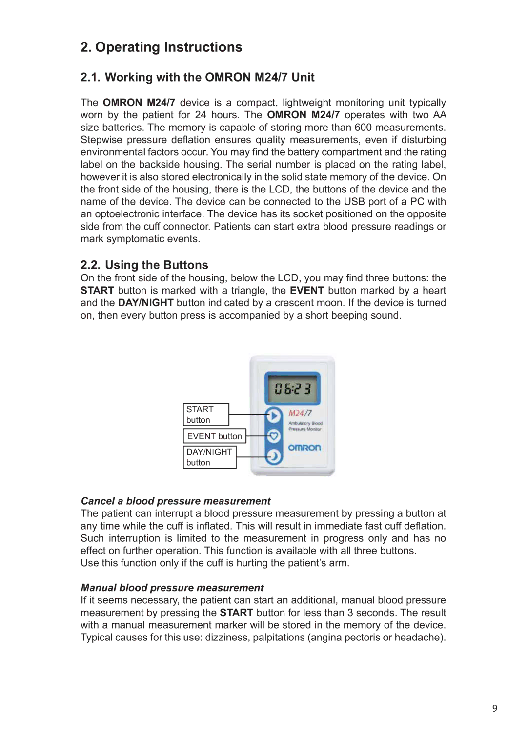 Omron Operating Instructions, Working with the Omron M24/7 Unit, Using the Buttons, Cancel a blood pressure measurement 