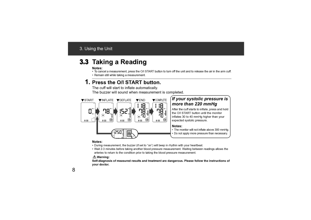 Omron M3 instruction manual Taking a Reading, Press the O/I Start button 