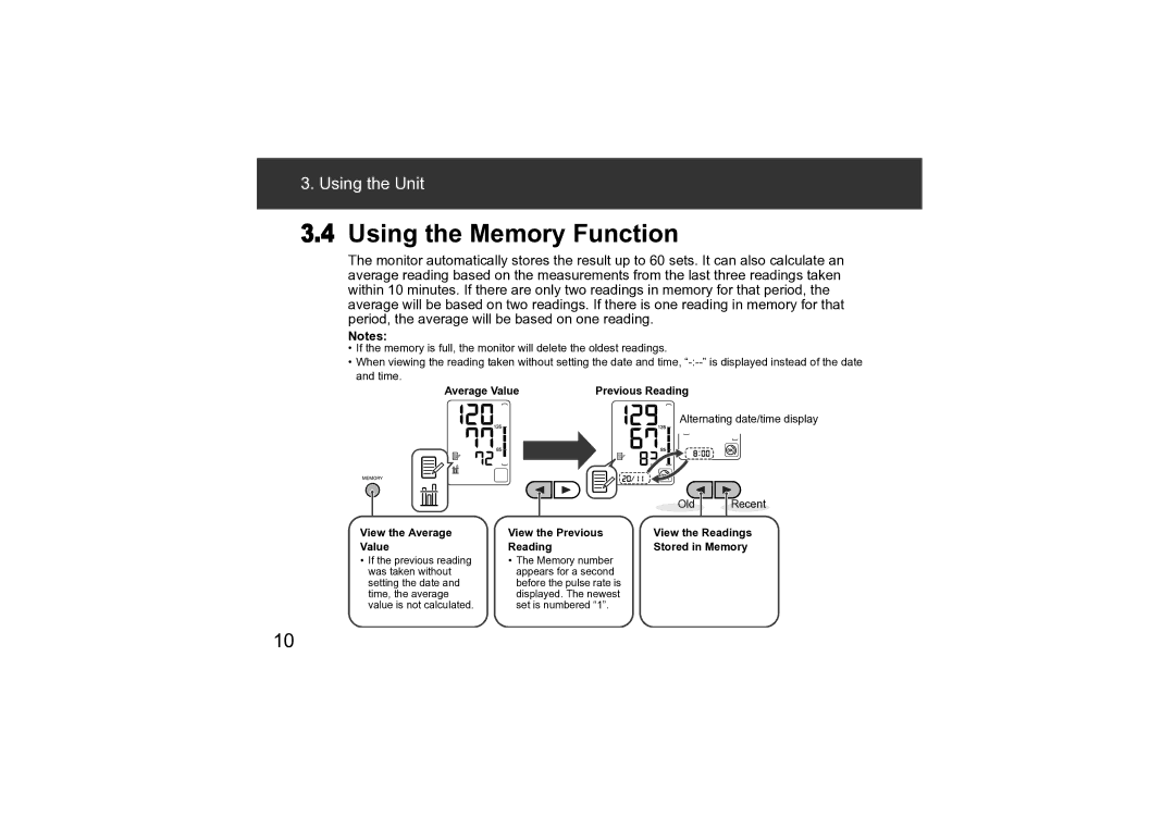 Omron M3 instruction manual Using the Memory Function 