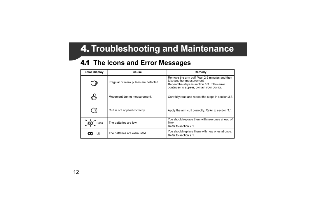 Omron M3 instruction manual Troubleshooting and Maintenance, Icons and Error Messages 