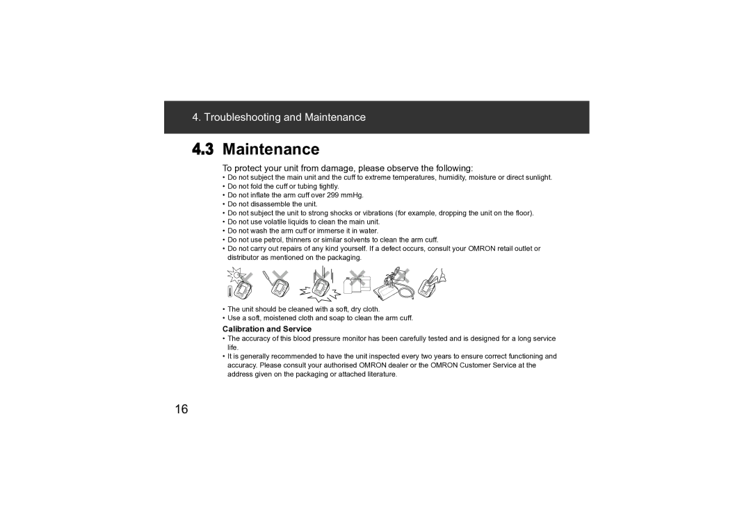 Omron M3 instruction manual Maintenance, Calibration and Service 