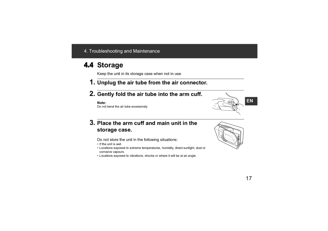 Omron M3 instruction manual Storage, Place the arm cuff and main unit in the storage case 