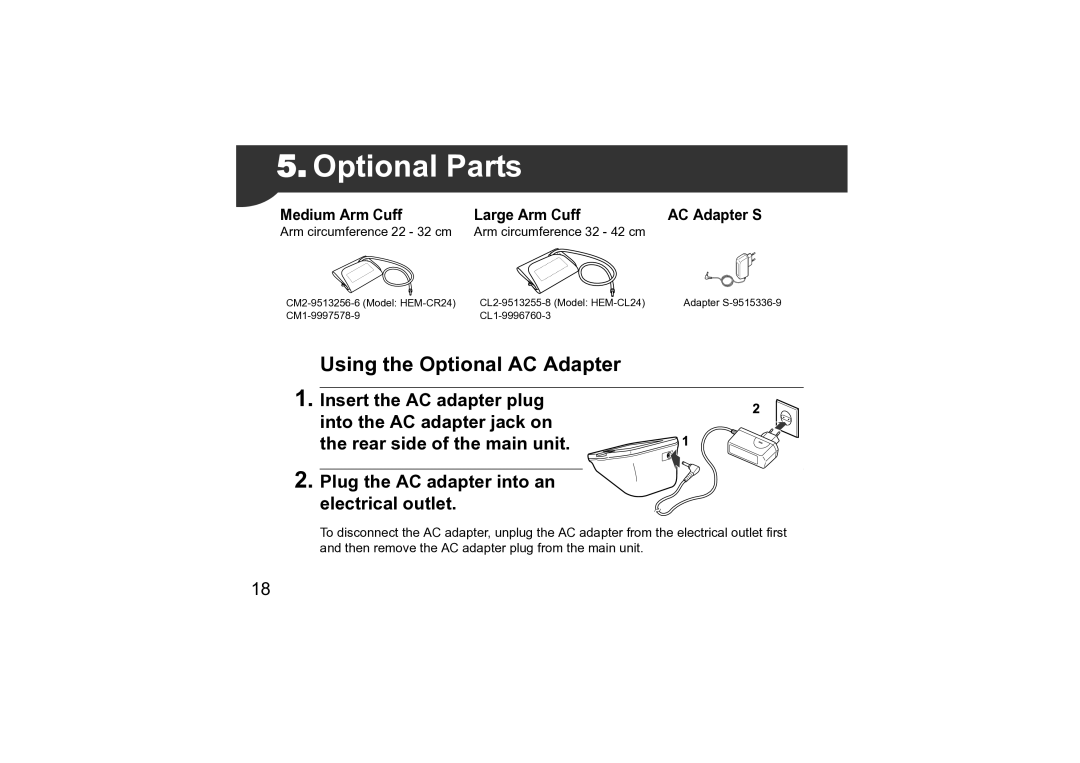 Omron M3 instruction manual Optional Parts, Medium Arm Cuff Large Arm Cuff AC Adapter S 