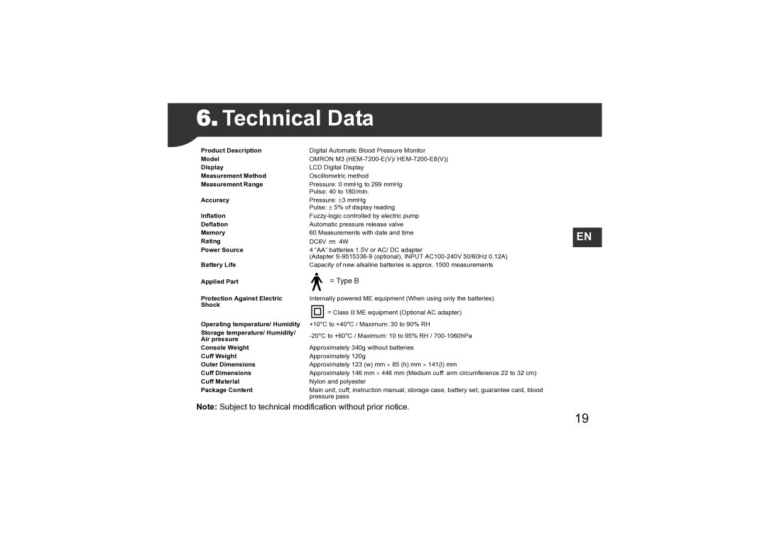 Omron M3 instruction manual Technical Data, Power Source 