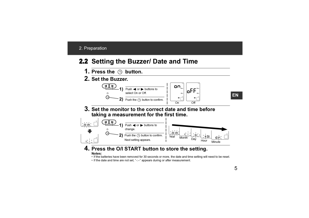 Omron M3 instruction manual Setting the Buzzer/ Date and Time, Press the O/I Start button to store the setting 