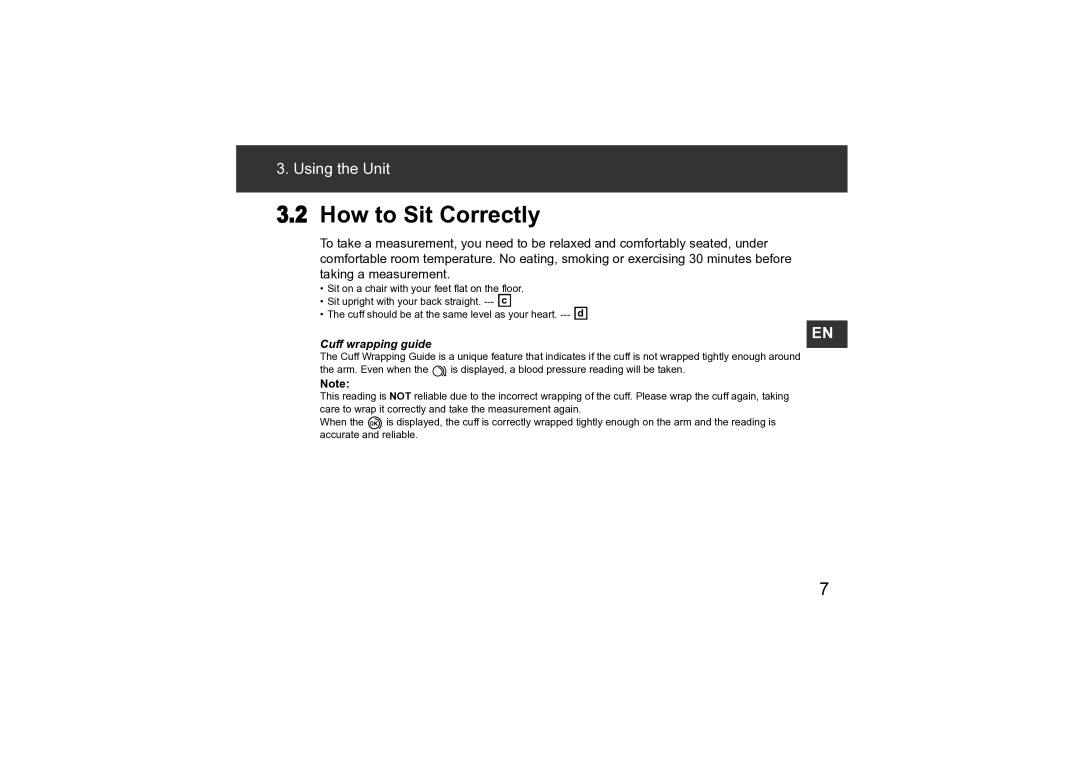 Omron M3 instruction manual How to Sit Correctly, Cuff wrapping guide 