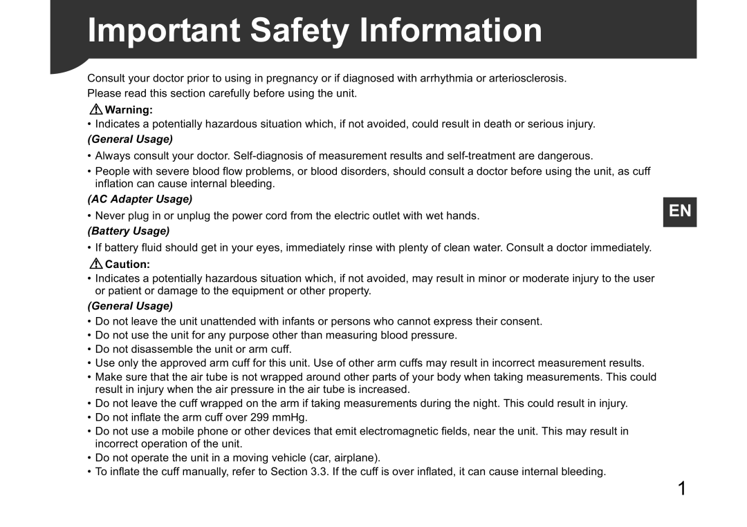 Omron M3W instruction manual Important Safety Information, General Usage 