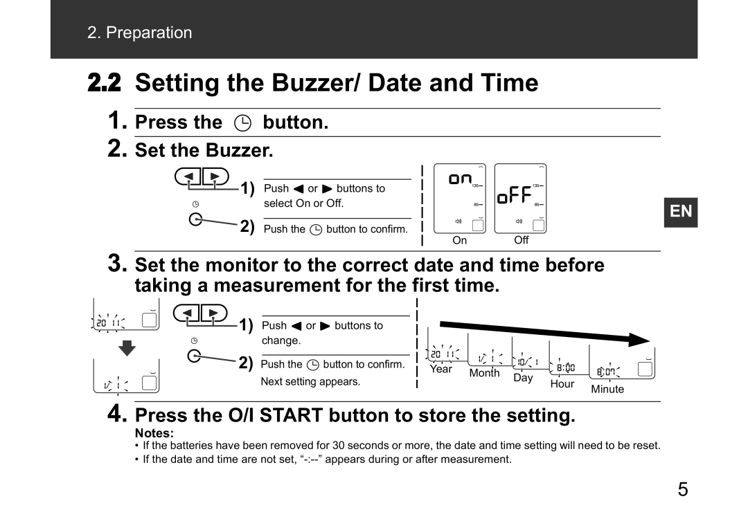 Omron M3W instruction manual Setting the Buzzer/ Date and Time, Press the O/I Start button to store the setting 