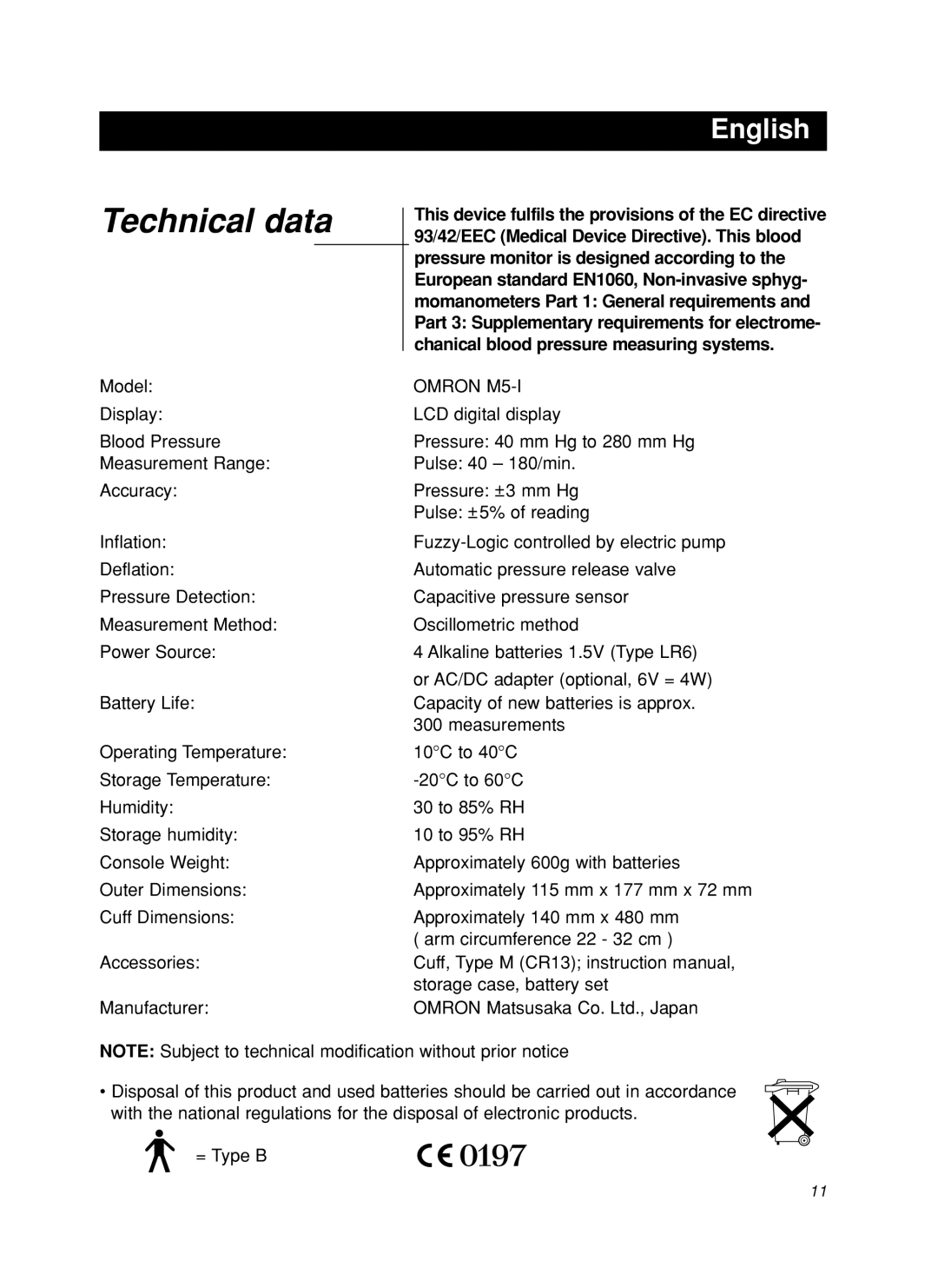 Omron instruction manual Technical data, Omron M5-I 