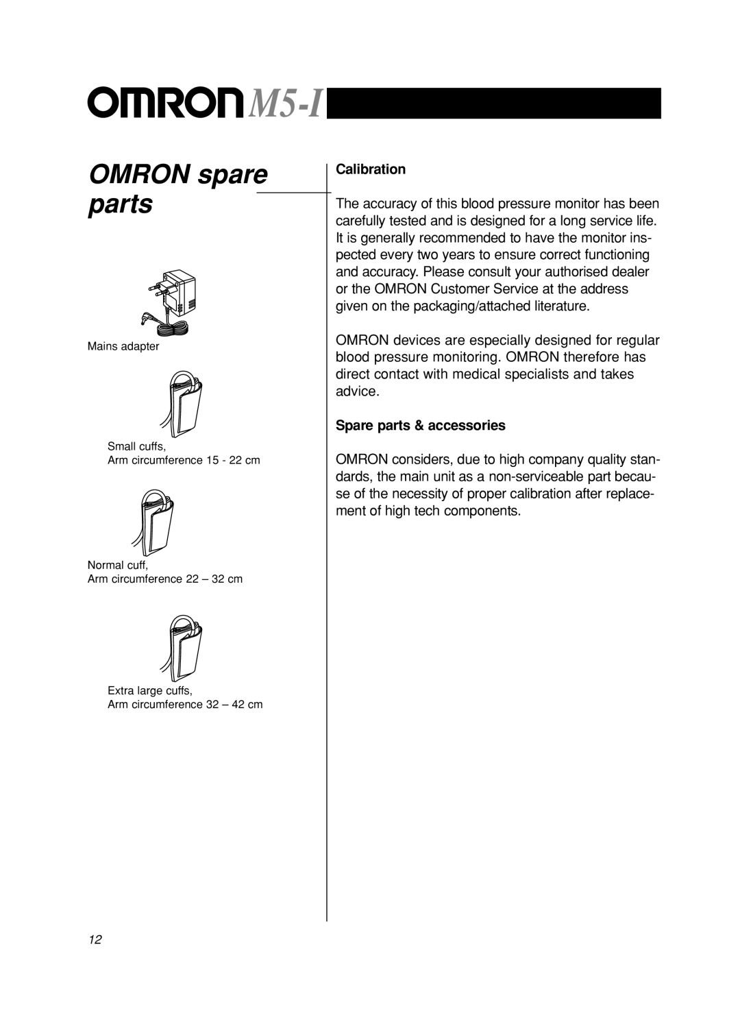 Omron M5-I instruction manual Omron spare parts, Calibration, Spare parts & accessories 