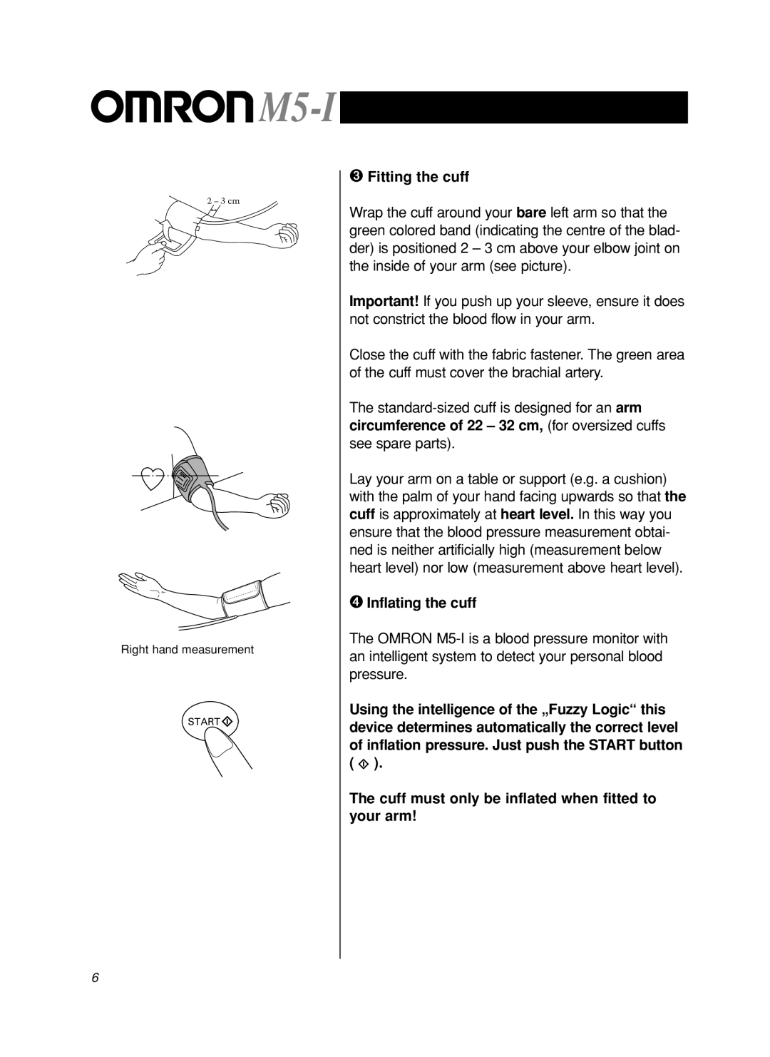 Omron M5-I instruction manual ➌ Fitting the cuff, ➍ Inflating the cuff 