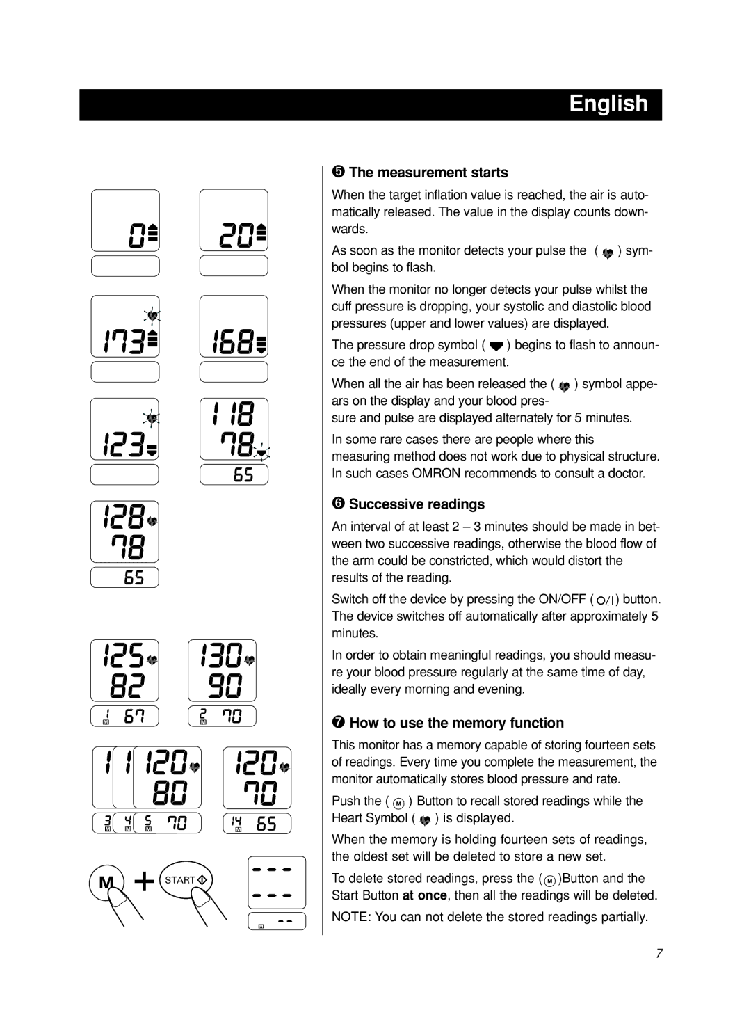 Omron M5-I instruction manual ➎ The measurement starts, ➏ Successive readings, ➐ How to use the memory function 