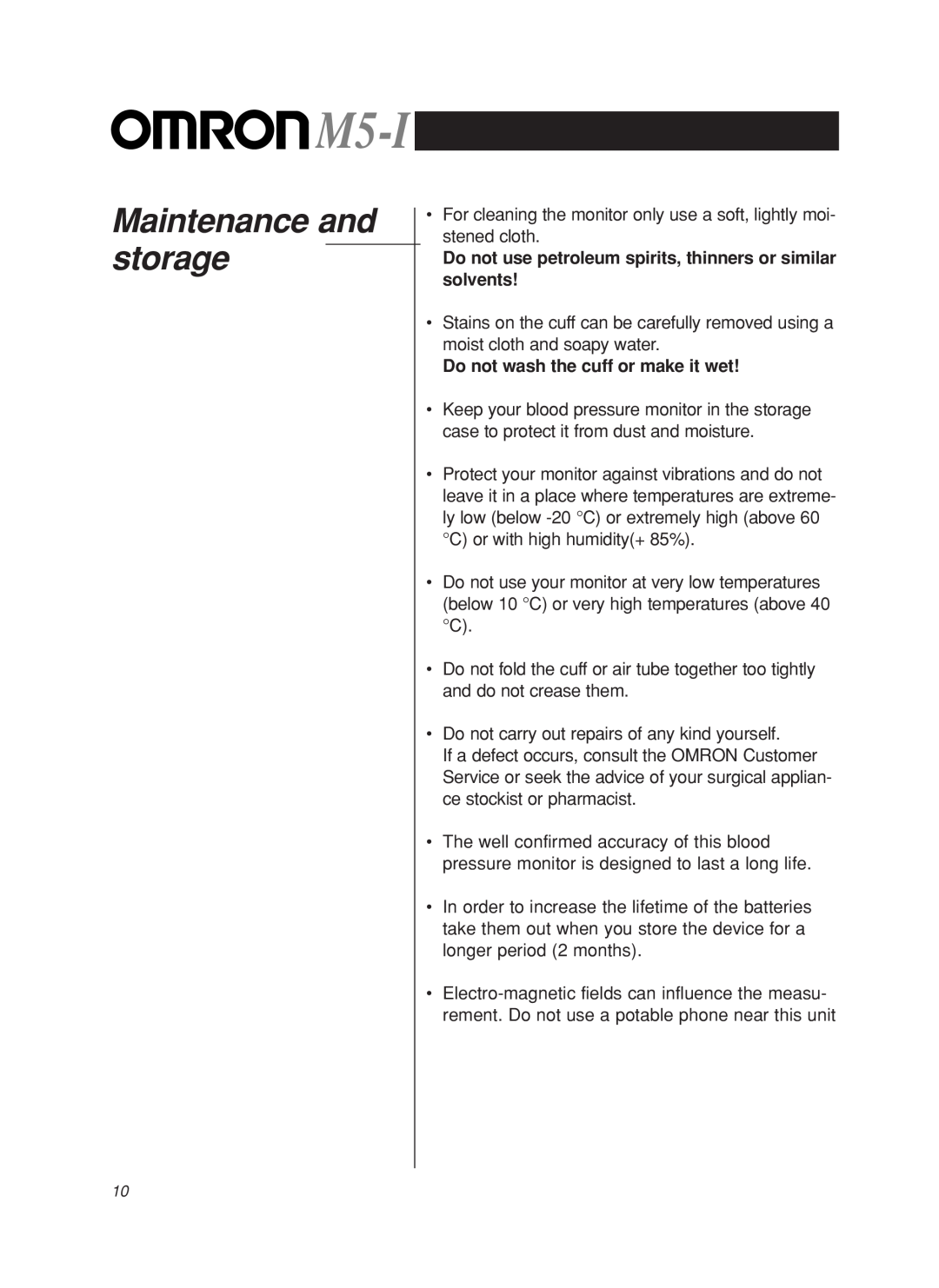 Omron M5-I instruction manual Maintenance and storage, Do not use petroleum spirits, thinners or similar solvents 